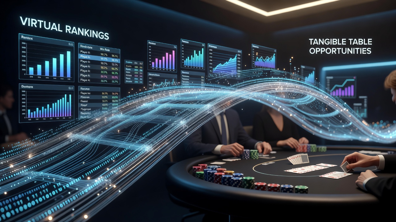 Fysieke pokertafels waar algoritmisch geselecteerde spelers uit virtuele ranglijsten samenkomen voor live toernooien