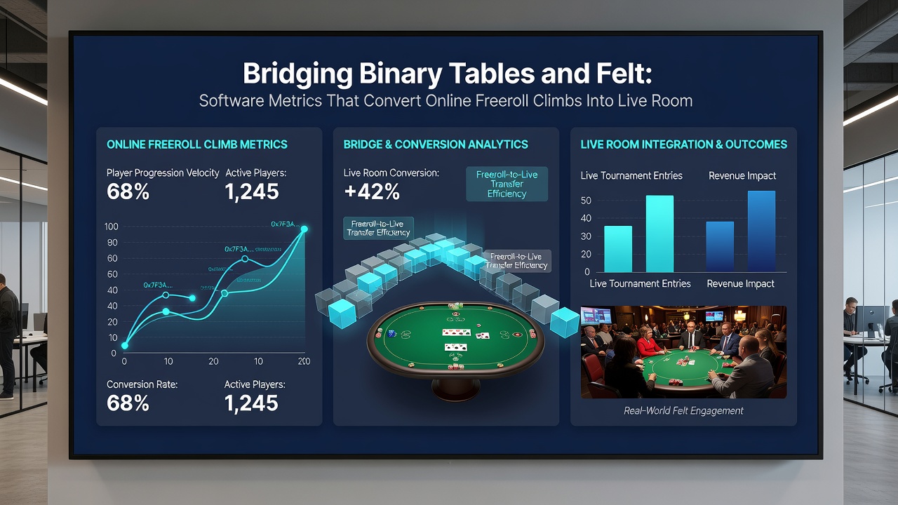 Poker software interface met metrics die online prestaties koppelen aan live toernooitoegang