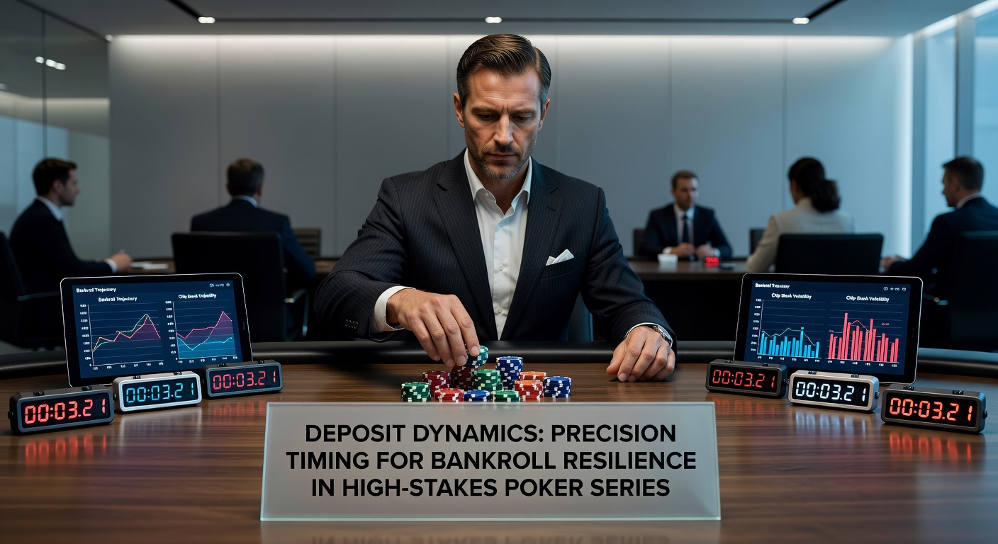 Voorbeeld van een deposit-tijdslijn in een poker app, met markeringen voor optimale stortingsmomenten tijdens een high-stakes serie