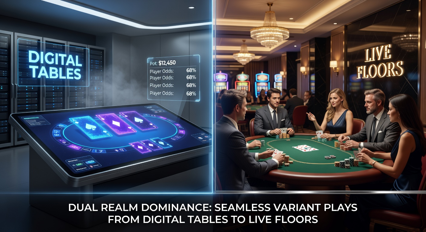 Speler aan een digitale pokertafel die overgaat naar een bruisende live poker vloer met kaarten en chips in actie