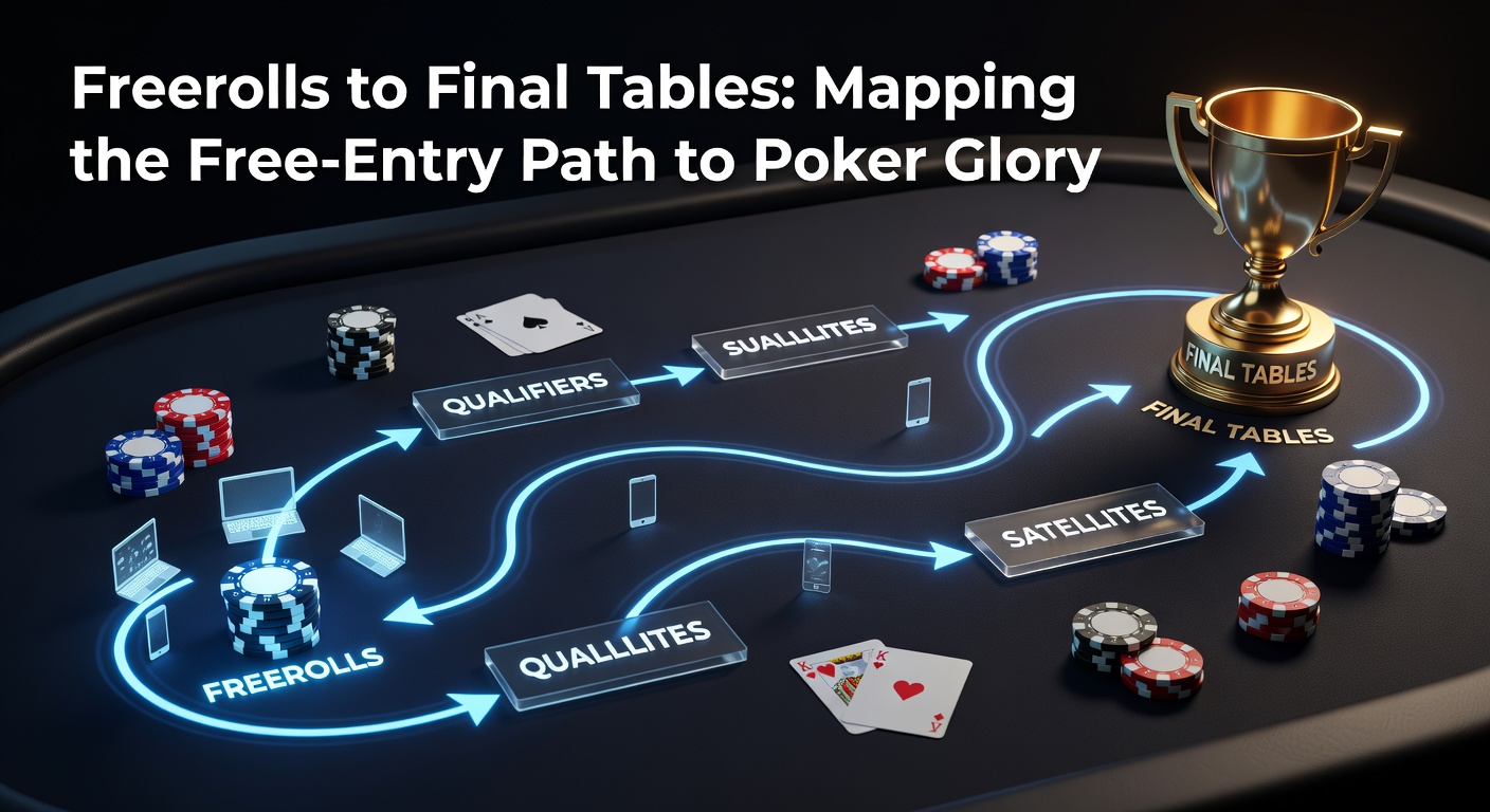 Speler viert succes aan de final table na start in een freeroll-toernooi, met chips en kaarten in beeld