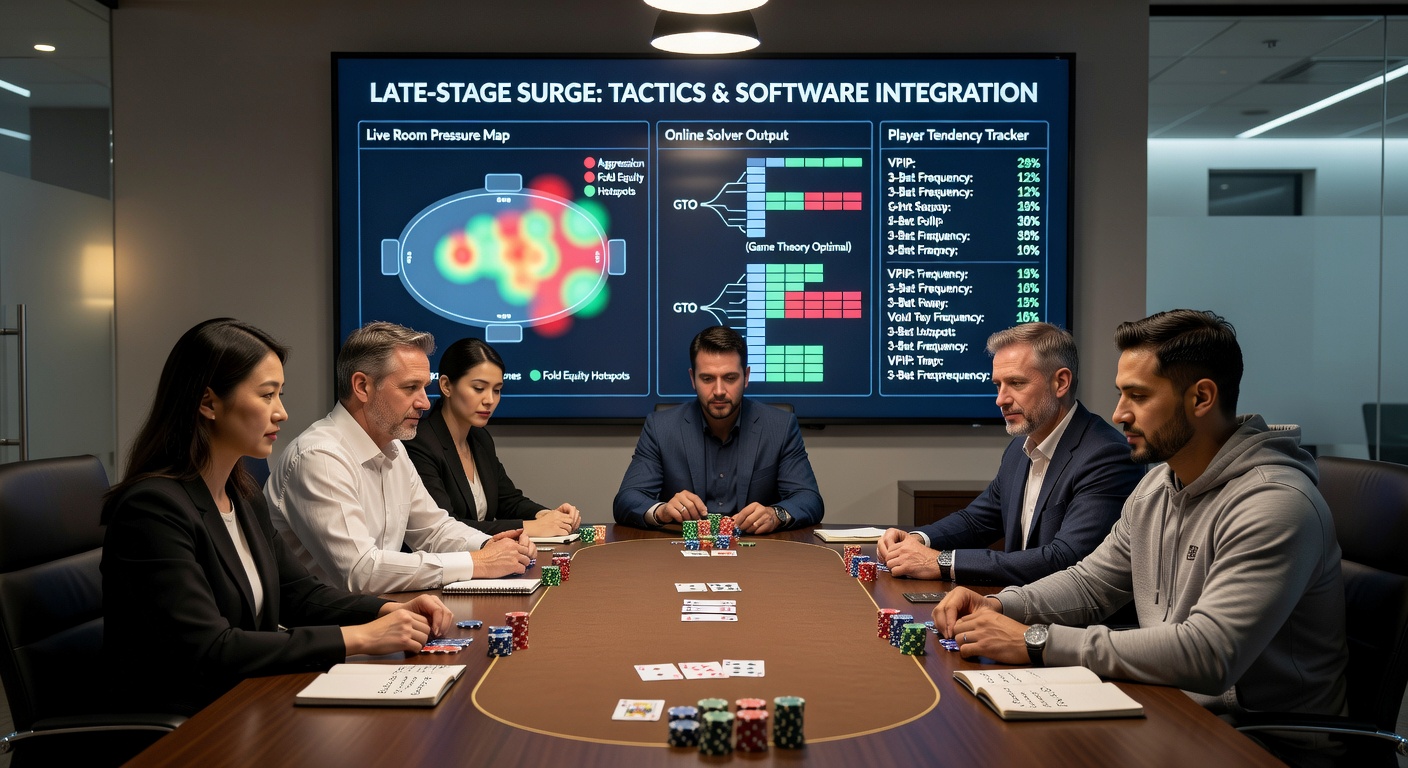 Speler aan een levendige pokertafel tijdens een finaletable, met chips en kaarten in actie