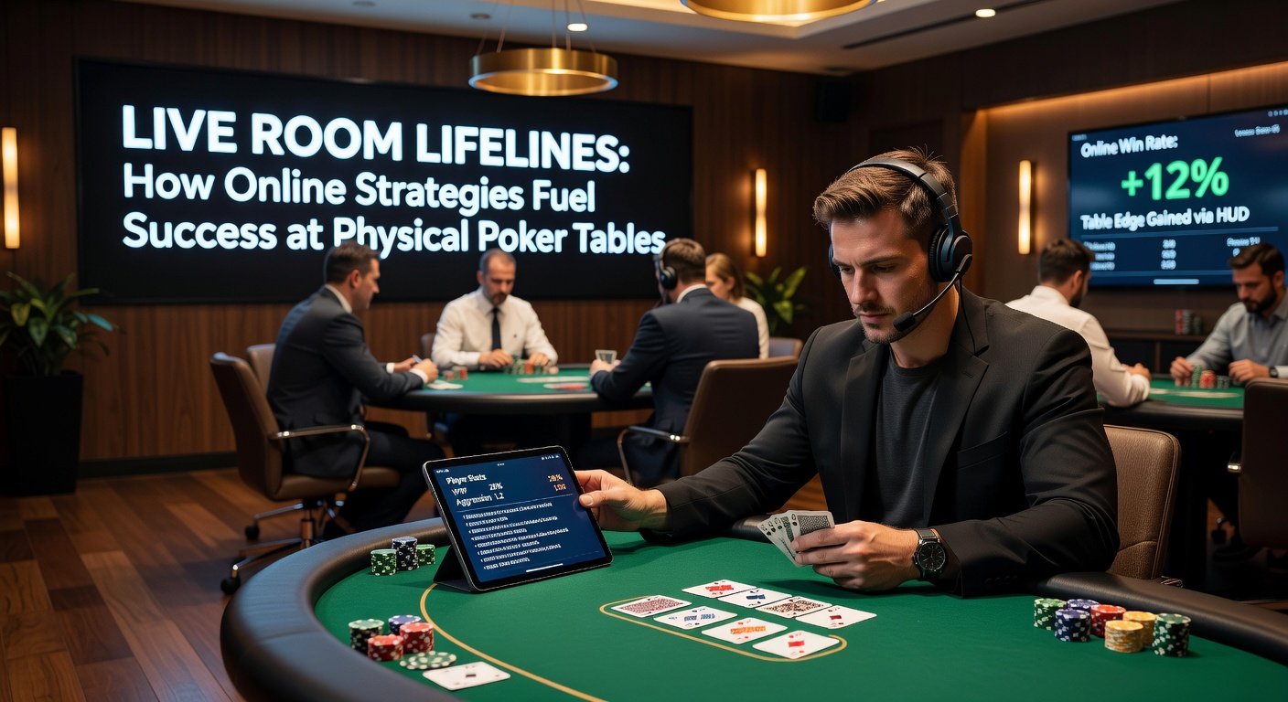Een poker speler aan een bruisende live tafel, met een laptop op de achtergrond die online strategieën symboliseert, terwijl kaarten en chips de spanning van het fysieke spel vastleggen