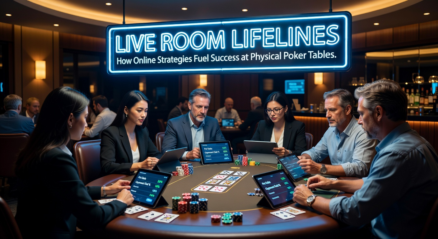 Close-up van een online poker interface naast een live dealer die kaarten deelt, illustrerend de strategische overlap tussen digitaal volume en fysiek succes