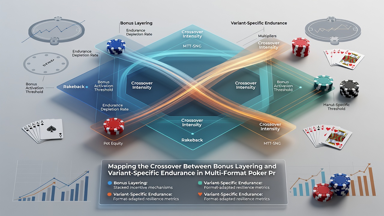 Diagram van multi-format pokerprogressies met focus op bonuslagen en uithoudingsvermogen