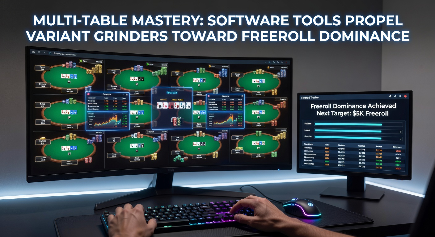 Scherm met meerdere poker tafels open tegelijkertijd, met software overlays voor statistieken en tracking
