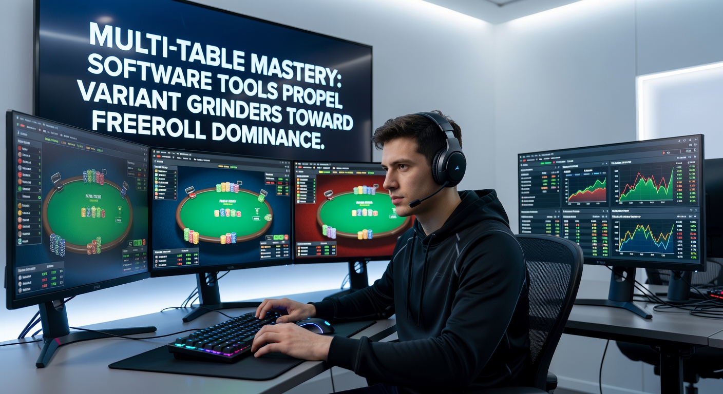 Grinder aan bureau met drie monitoren, software HUD's zichtbaar op poker tafels met variant indicatoren