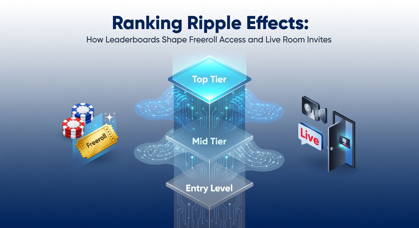 Grafiek van een poker leaderboard met spelers die strijden om de topposities, symboliserend de ripple-effecten op freeroll-toegang en live invites
