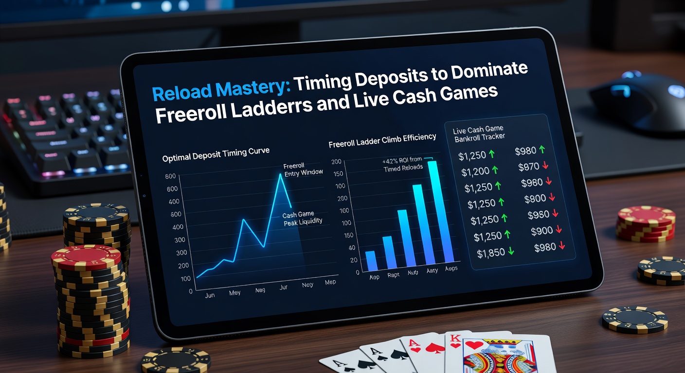 Speler aan een pokertafel die een reload storting timed voor maximale bonuswinst in freeroll ladders
