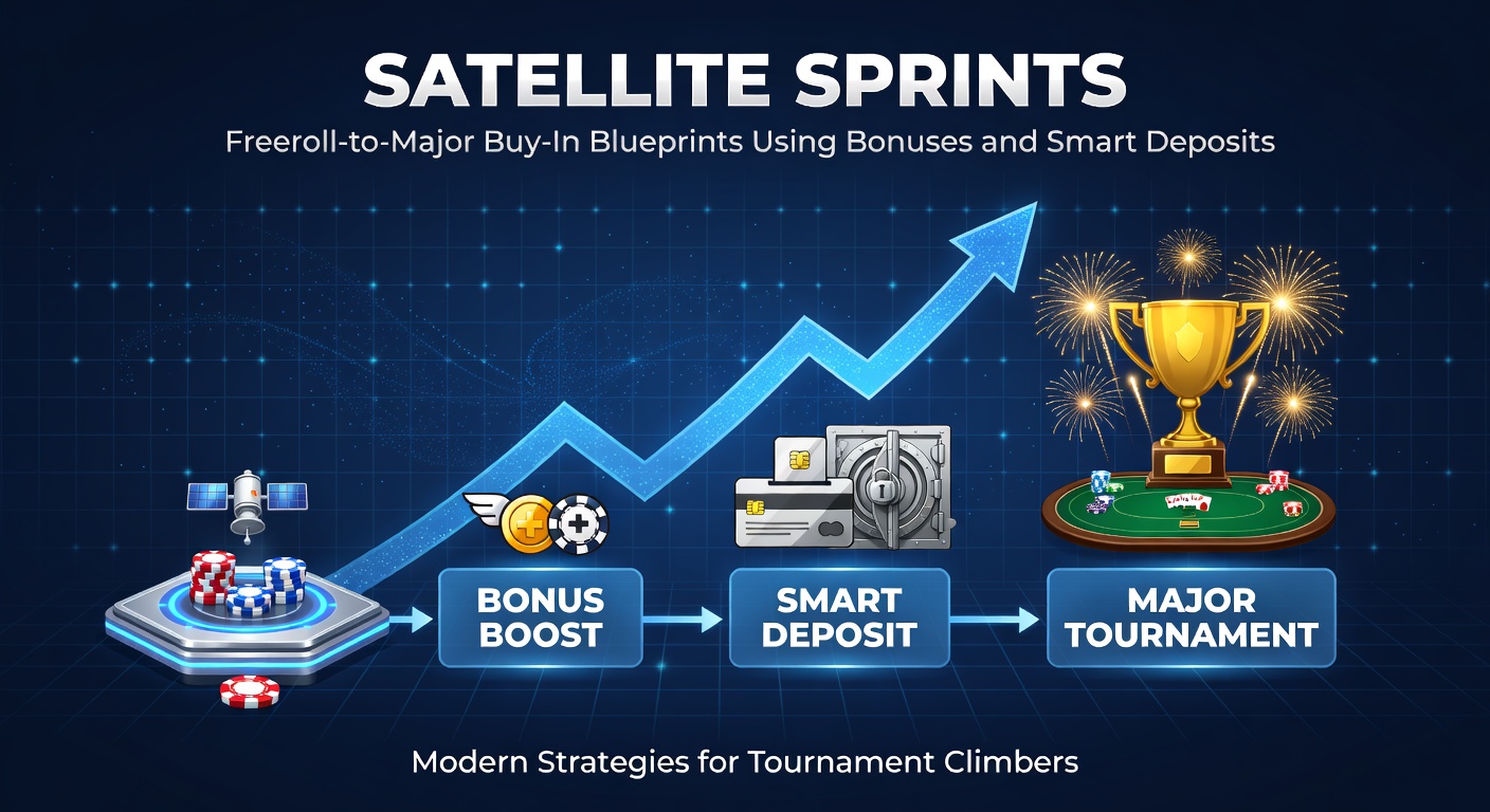 Spelers bij een online poker satellite-toernooi, gefocust op schermen met freeroll-ladders en buy-in opties