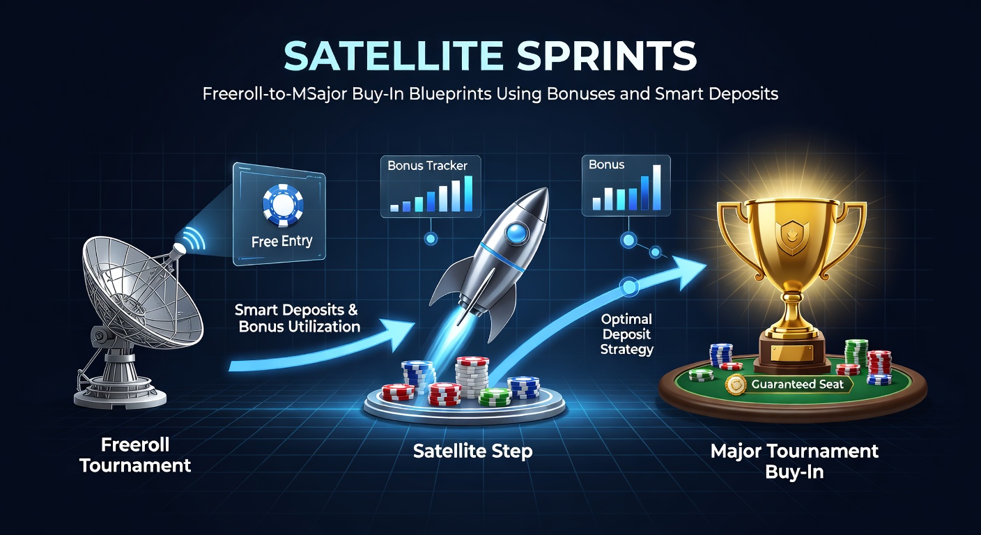 Grafiek met flowchart van freeroll naar major buy-in via bonussen en deposits, inclusief satellietstructuren