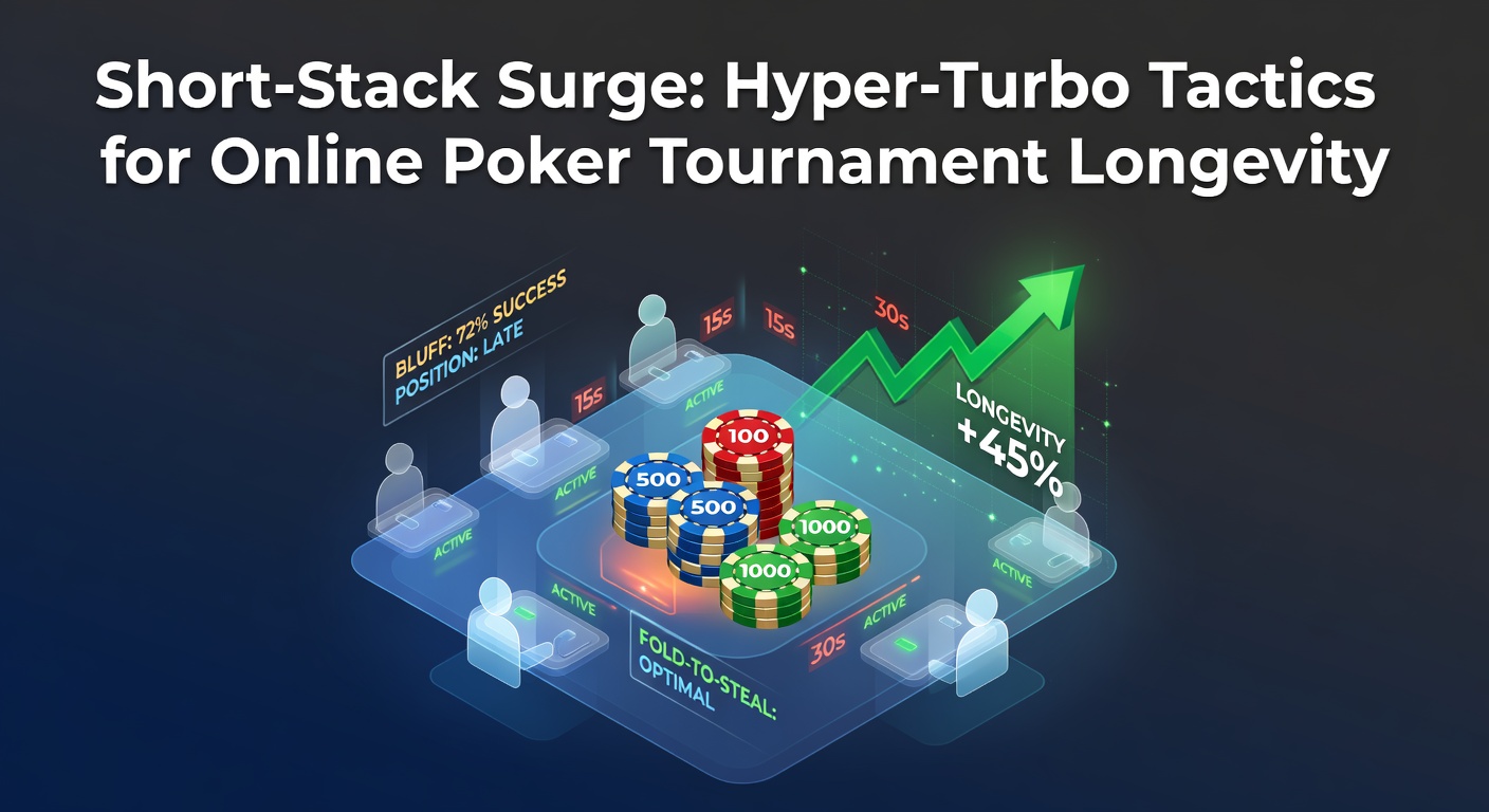 Speler aan een online poker tafel met short stack, gefocust op hyper-turbo actie